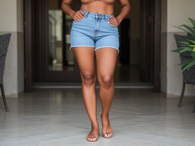 Curvy Black woman with smooth, shapely legs in form-fitting denim shorts and flat sandals