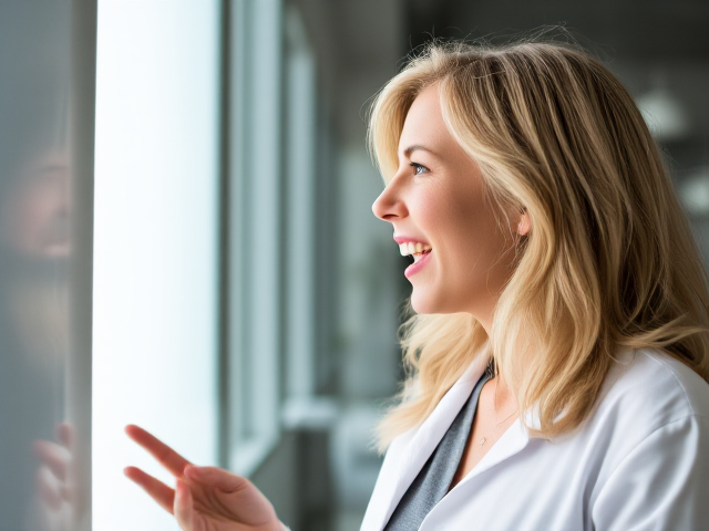 Surprised Beautiful blonde scientist woman laughing harder and harder in disbelief