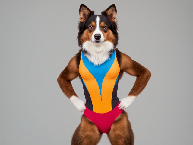 Anthropomorphic Australian shepherd, strong hips, wearing a colorful gymnastics leotard, dynamic pose, detailed fur, athletic build