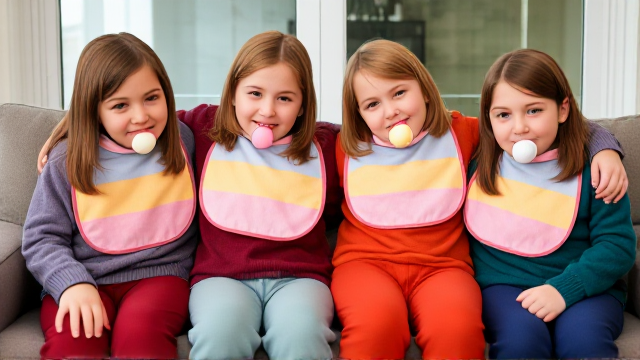 Quatre filles adolescentes aux cheveux lisses et dégagé et de différentes couleurs a l'avant assis dans un canapé avec des grands bavoirs multicolore et des tétines en bouches elles ont des pull de différentes couleurs que les Bavoirs et avec des pantalons elle se font un gros câlin et il y a une grande fenêtre derrière le canapé