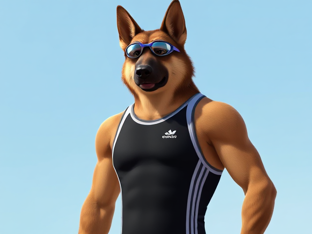 A tall anthropomorphic German shepherd with a long torso and broad shoulders wearing a Adidas one piece swimsuit and swimming goggles