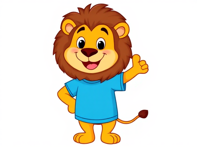 Cartoon lion with a friendly expression, wearing a blue T-shirt, no pants, standing in a playful pose, vibrant colors, clear outlines