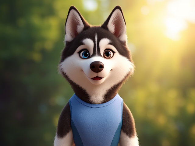 A Alaskan malamute wearing a gymnastics leotard