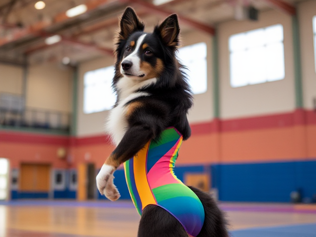 Anthropomorphic Australian shepherd with a focus on prominent hips, wearing a colorful gymnastics leotard, inside a vibrant gymnasium setting