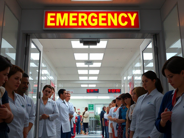 Vue détaillée de l'entrée des urgences, signalisation claire et bien visible, personnel médical en action avec expressions concentrées et dynamiques, patients en attente, éclairage lumineux et ambiance animée, détails nets