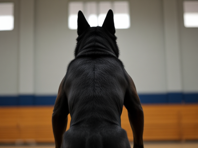 Anthropomorphic black German shepherd volleyball leotard butt gymnasium
