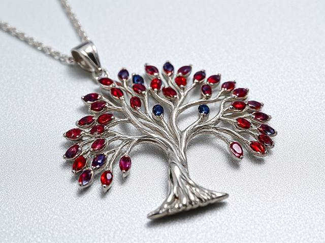 realistic tree pendant necklace, intricately crafted with exquisite detail, shimmering silver surface, strokes of the trunk and branches are made from rare red painite and deep blue sapphires, dazzling rose gold diamonds elegantly set as leaves glistening in light, sophisticated and luxurious design, soft ambient lighting highlighting every aspect of craftsmanship, macro focus capturing every facet and sparkle in high resolution, elegant branches extending gracefully from the trunk with meticulous precision