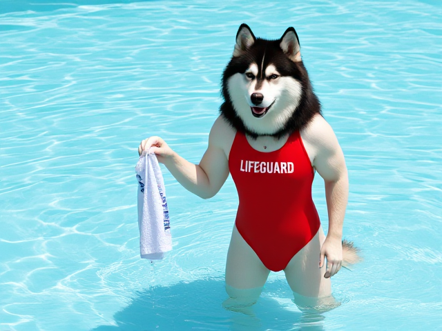 A anthropomorphic alaskan malamute  wearing a red lifeguard one piece swimsuit drying off with a towel