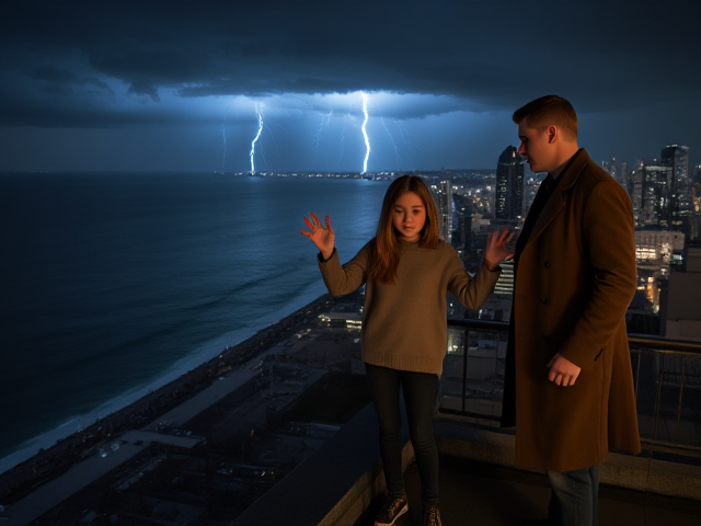 A petite 13-year-old girl with strawberry blonde hair, wearing a pullover and jeans, is standing on the roof ledge of a night club. Next to her on the roof, standing nearby is a modern-day, pale skinned vampire in his late twenties, with blonde hair, dressed in a brown trench coat and jeans. He appears uneasy as he looks at her. The girl gestures angrily at him, flailing her arms. A thunderstorm approaches the cityscape from the sea shore. Set at night.