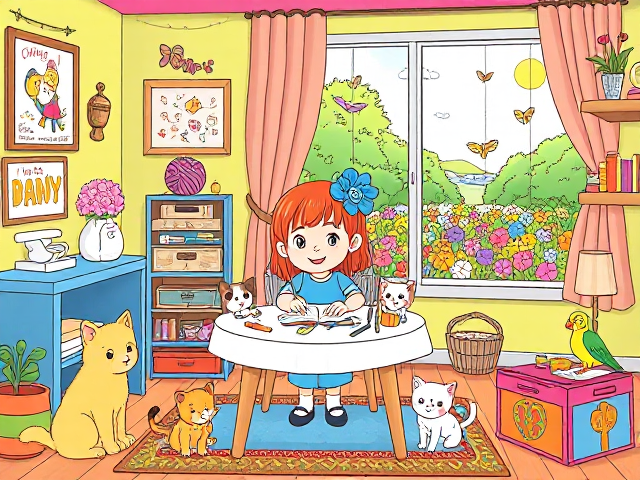 Design a captivating cover for a toddler's coloring book that features a cozy, colorful room filled with delightful elements. In the center, a cheerful cartoon girl with bright hair is happily coloring at a small table covered with crayons and colorful drawings. Surround her with playful kittens of various colors—one climbing on the table, another playing with a ball of yarn, and a third peeking out from a colorful toy box. The walls of the room should be adorned with whimsical artwork and cheerful posters, while a large window reveals a sunny, vibrant garden outside, filled with flowers and butterflies. Add fun elements like a playful puppy wagging its tail near the girl's feet and a friendly parrot perched on a shelf, creating an inviting and joyful atmosphere. The overall design should be bursting with colors and playful characters, enticing young children to engage their creativity while making parents eager to bring this enchanting book home.