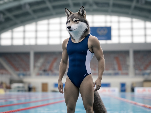 A tall ((anthropomorphic)) wolf Olympic swimmer with a long torso  wearing a one piece swimsuit standing on the pool deck