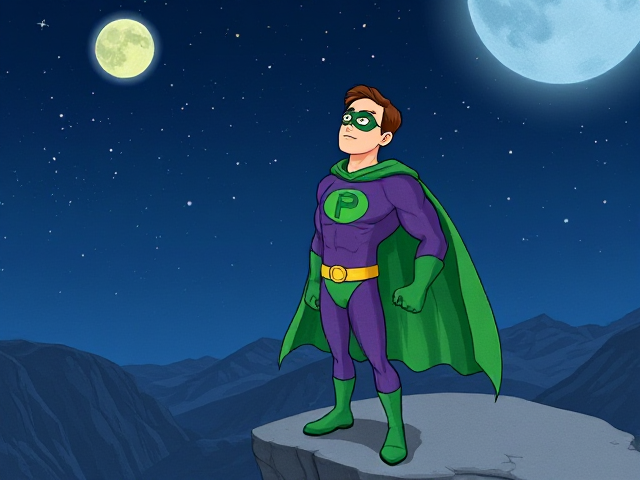 Cartoon scene: A young, Autistic 25-year old boy with light skin and flat, smooth, and slick brown hair named T.J. Granger, but transformed into a genetically-altered superhero named Powerman, who, despite still being a young adult kid, has an extremely muscular body. He wears a sleek purple suit with a green P symbol on his chest, a gold belt with a circular buckle, green briefs, green boots, green long-cuffed gloves, a really big, toe-length long, ultra-wide green cape wreathed around his neck, and a green eye mask that protects his true identity. He also has incredible and invincible superpowers flowing through his veins. In this scene, Powerman is currently standing at the edge of a tall cliff at night as he gazes up to the stars, wondering what his true destiny is.