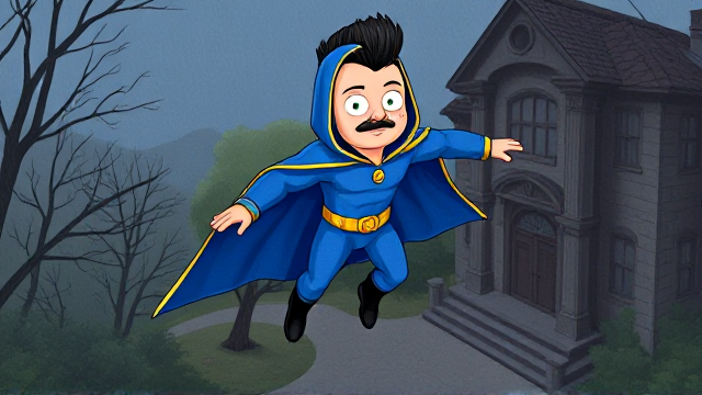 2D cartoon movie scene: A preteen 12-year old boy with light skin and freckles on his cheeks named Kyle Lipton, but transformed into a superhero named Dr. Dimensionpants, who, despite still being a kid, has an extremely muscular body. He wears a tight blue hood outlined by a yellow line that covers the back half of his head and leaves his ears exposed, with a smooth, slicked back black mohawk on top. He also wears a sleek blue bodysuit outlined with yellow lines on the cuffs of the sleeves and pants, a golden belt with a circular buckle, black boots, and a really big, toe-length, ultra-wide blue cape with a really big collar outlined with yellow lines wreathed around his neck held up by a golden button. The pupils in his eyes are green, and he has a black twin moustache. He also has incredible, invincible, and cosmic superpowers flowing through his veins. He is currently floating and levitating as he slowly glides and descends down to the grounds of an abandoned mansion after a long flight, preparing to land so he can begin his investigation, as he senses a mysterious energy within.