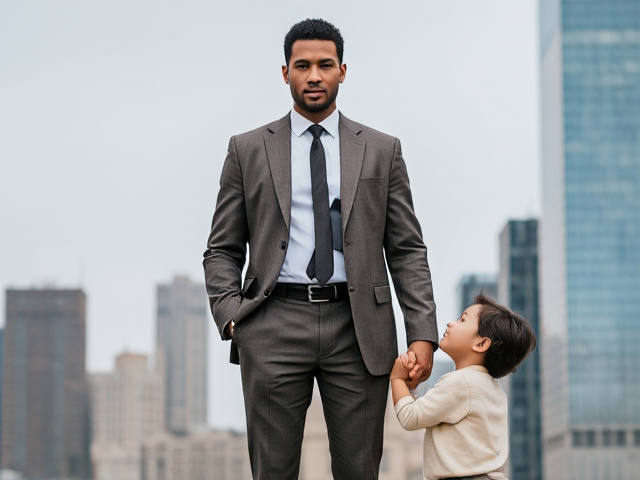 "Place a determined man in the center, wearing a slightly worn suit, with strong, focused eyes. He stands tall, holding the hand of a young child who looks up at him with admiration. The child is about four years old, dressed in simple clothes, symbolizing innocence and trust. Position them so the man’s stance shows resilience and protectiveness. The contrast of the worn suit against the bright cityscape in the background should highlight his journey from hardship to success. The style is impactful and inspiring, emphasizing strength, care, and transformation."