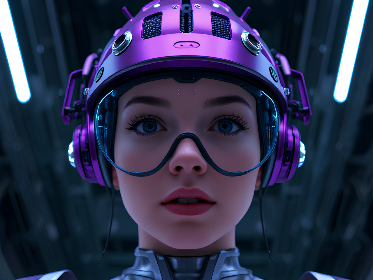 Create a futuristic brain fixator for a high-tech operative named Molly. The fixator should have a sleek, modular framework made of purple and silver metals, designed to fit comfortably around the head. Include a central supportive band that wraps around the forehead and behind the head with smooth, seamless contours. Integrate small, glowing sensors and delicate wires that resemble a circuit board pattern. Add compact, streamlined neural implants near the temples. Feature a touch-sensitive panel or holographic display on one side. Additionally, include a transparent screen visor that projects holographic data and UI HUD symbols, enhancing her tech capabilities. Ensure the design emphasizes both functionality and style. Position the camera angle from below, looking up at Molly, to showcase her up skirt and the full scope of her outfit.