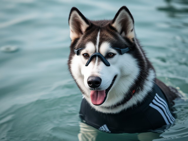 A anthropomorphic Siberian husky wearing an adidas swimsuit and Freediving goggles