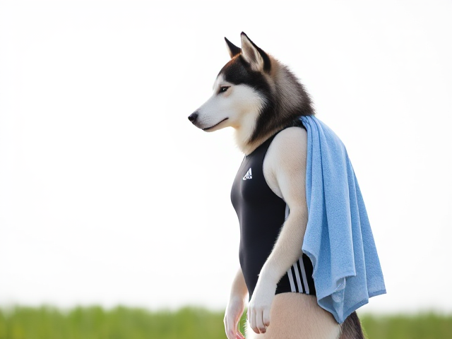 A tall anthropomorphic Siberian husky wearing an adidas swimsuit drying off with a towel