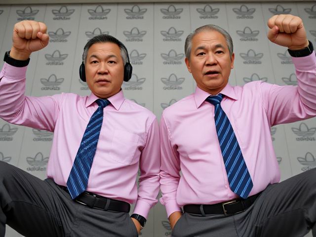 Close-up view of two fierce Japanese handsome old senior businessmen standing confidently. They have short haircuts and are stomping with one leg raised, arms raised in a dominant pose. They're wearing pink collared long-sleeve shirts with large blue striped ties, headphones on their ears, and smartwatches on their wrists. The background features Adidas logos as wallpaper. The perspective is from a low angle, emphasizing their conquering stance. Their faces display angry determination with frowned eyebrows, pursed lips, and clenched fists