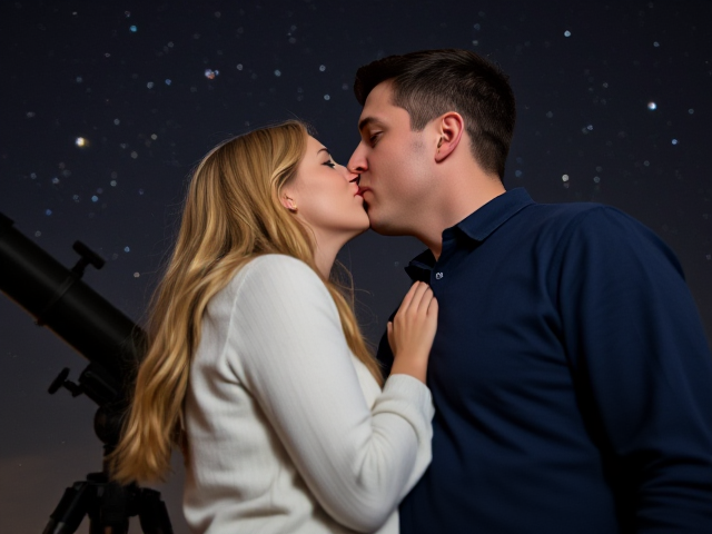 Show an image of a blonde 40 year old woman kissing a taller man beside a telescope with stars overhead. The man is 50 with dark hair and is clean shaven