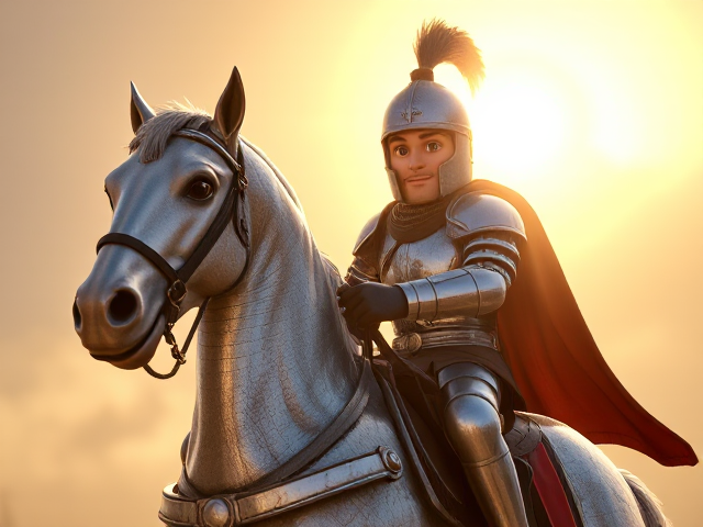 Patriotic epic English knight riding a silver armored stallion with over exaggerated mussels.