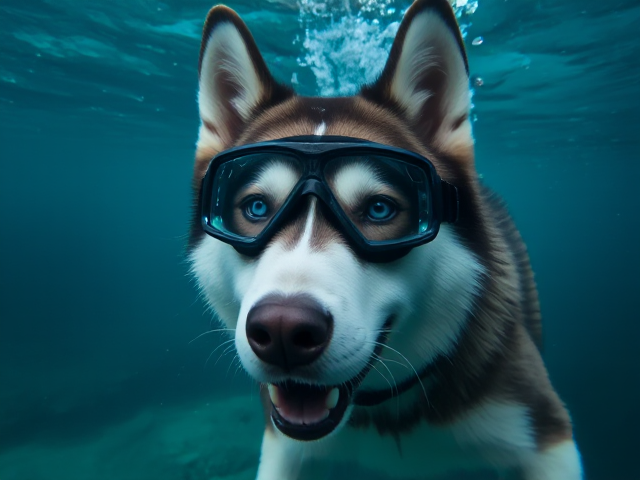 A Siberian Husky wearing Freediving goggles underwater