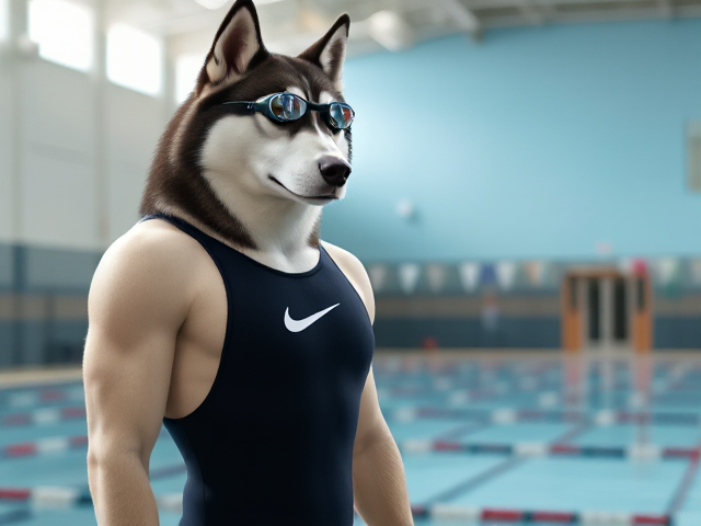 A tall anthropomorphic Siberian husky with a long torso and broad shoulders wearing a high cut Nike one piece swimsuit and swimming goggles at a high school swimming pool