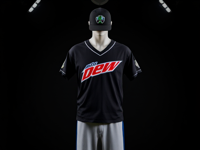 Create images of a black baseball hat with mountain dew voltage logo with a v neck athletic shirt with Mountain dew Voltage logo grey baseball pants with blue and black piping with black socks and blue cleats on a mannequin