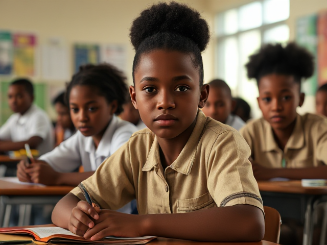 Des élèves afro américains âgés de huit ans assis dans une salle de classe lumineuse, concentrés sur un devoir, avec des bureaux et du matériel scolaire visible autour d'eux, lumière naturelle entrant par les fenêtres