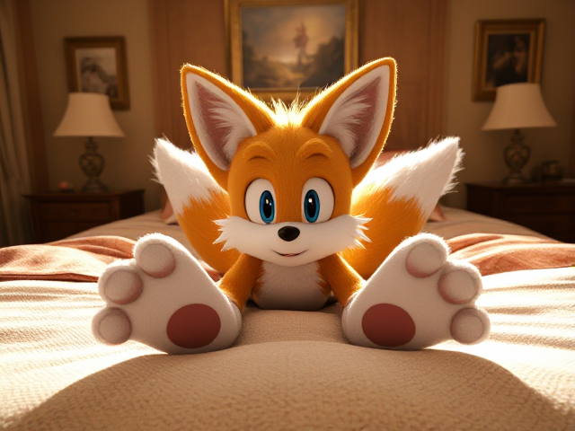 A highly detailed and realistic top-down shot of Miles Tails Prower, the two-tailed anthropomorphic fox from the Sonic the Hedgehog video game series, lying on his stomach on a bed in a well-decorated and lifelike bedroom with intricate textures. Tails is in a very adorable pose with his back paws up in the air, showing the digital pads of his feet. The soft lighting highlights the fur details, surrounded by cozy elements like pillows and blankets. The scene features a rich color palette, visible wood grain furniture, and subtle background decorations such as framed pictures and ambient light sources. Tails is not wearing shoes or gloves, with extra prominent detail on his two tails
