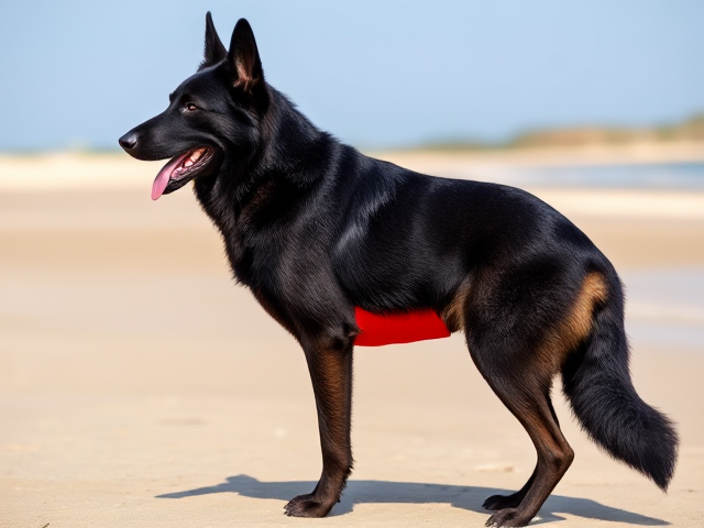 Anthropomorphic black German shepherd with realistic, well-defined muscular hips, wearing a vivid red lifeguard one-piece swimsuit, standing confidently on a sunlit beach with realistic fur texture and dynamic pose, clear sky in the background