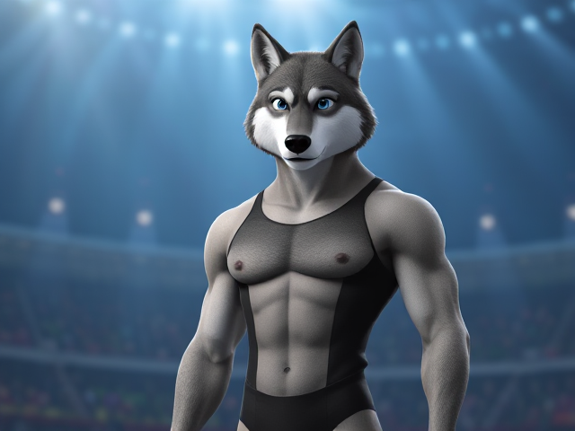 A tall gray wolf Olympic swimmer with long arms, short legs, broad shoulders and a long torso wearing a one piece swimsuit