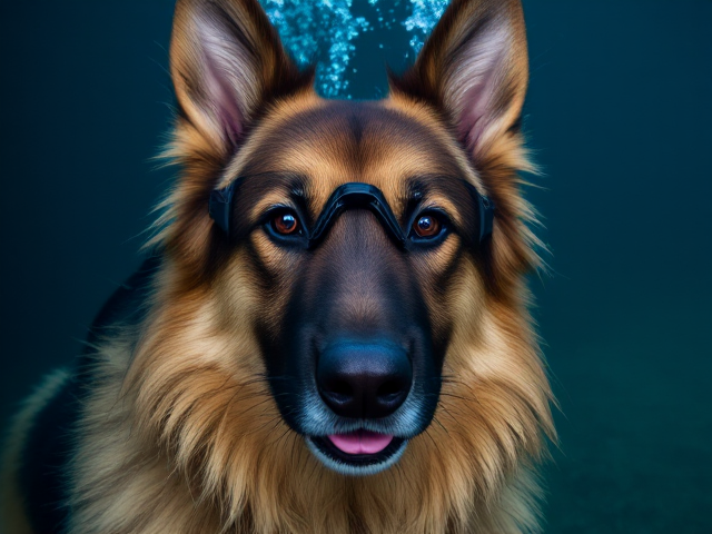 Anthropomorphic German shepherd with long hair, wearing freediving goggles, face tinted blue from holding breath too long, underwater setting, detailed fur and expression