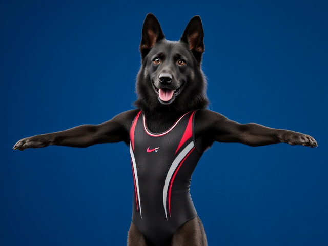 A anthropomorphic black German shepherd Olympic gymnast wearing a leotard