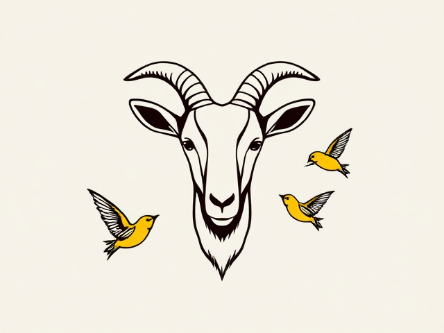 Draw a logo of a goats head and three honeyeater birds flying using a single line