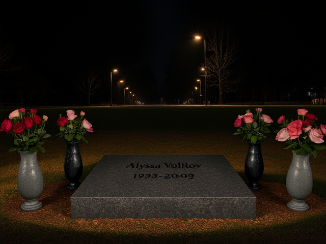 A grave that has the name 'Alyssa Volklov 1993-2009' engraved on it with roses in vases surrounding it at night