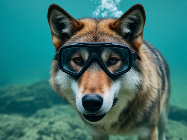 Wolf wearing Freediving goggles