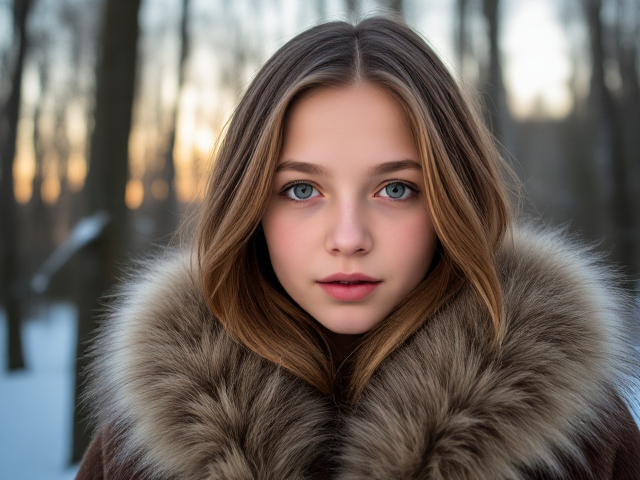 Vikikng, pale petite teen girl, light green eyes, sandy brown hair, freckles, in a snowy forest wearing furs