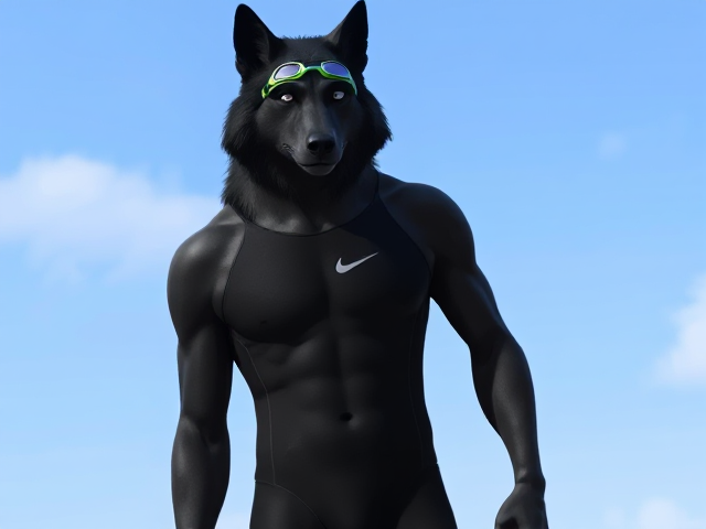 A tall and lean anthropomorphic black wolf with a long torso and broad shoulders wearing a high cut Nike one piece swimsuit and swimming goggles
