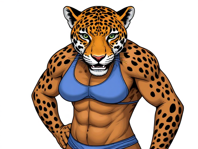 A anthropomorphic Jaguar wearing a high cut swimsuit