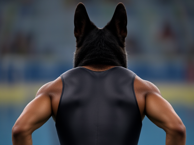 A anthropomorphic black German shepherd Olympic swimmer with broad shoulders wearing a one piece swimsuit