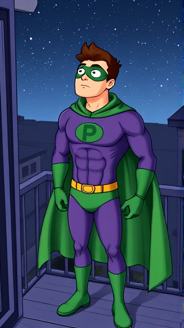 Cartoon scene: A young, Autistic 25-year old boy with light skin and flat, smooth, and slick brown hair named T.J. Granger, but transformed into a genetically-altered superhero named Powerman, who, despite still being a young adult kid, has an extremely muscular body. He wears a sleek purple suit with a green P symbol on his chest, a gold belt with a circular buckle, green briefs, green boots, green long-cuffed gloves, a really big, toe-length long, ultra-wide green cape wreathed around his neck, and a green eye mask that protects his true identity. He also has incredible and invincible superpowers flowing through his veins. In this scene, Powerman is currently standing on his bedroom balcony at night as he gazes up to the stars, wondering what his true destiny is.