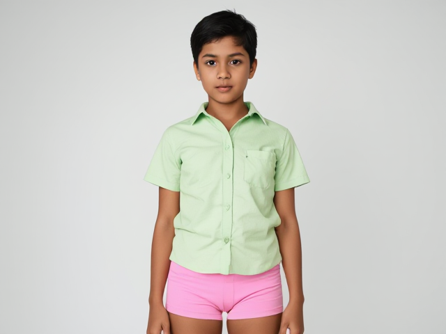 20 year old indian, light green shirt, pink tight shorts. Short hair. Girl, full body. Childish facial featu