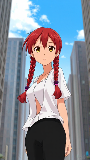 An animated female character with vibrant red hair tied in two long braids. She has striking yellow eyes and is wearing a white, open-backed shirt paired with black pants. The character is positioned against a backdrop of tall buildings, suggesting an urban setting. The sky is clear, and the overall ambiance of the image is bright and lively.