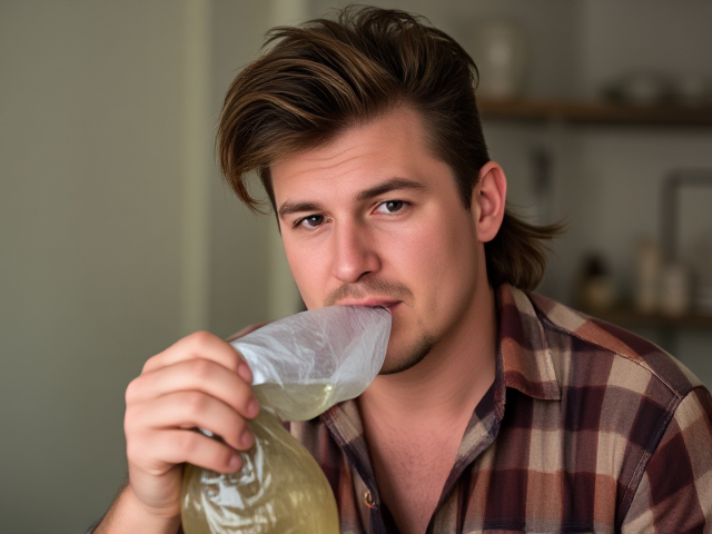 A quintessential Australian bogan male with a flannelette shirt who has a mullet hairstyle and who is skulling a goon bag
