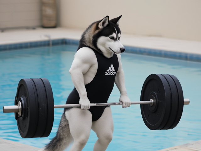A anthropomorphic Siberian husky wearing an adidas swimsuit deadlifting a barbell on a pool deck