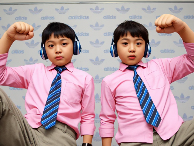 Close-up view of two fierce Japanese kids standing confidently. They have short haircuts and are stomping with one leg raised, arms raised in a dominant pose. They're wearing pink collared long-sleeve shirts with large blue striped ties, headphones on their ears, and smartwatches on their wrists. The background features Adidas logos as wallpaper. The perspective is from a low angle, emphasizing their conquering stance. Their faces display angry determination with frowned eyebrows, pursed lips, and clenched fists