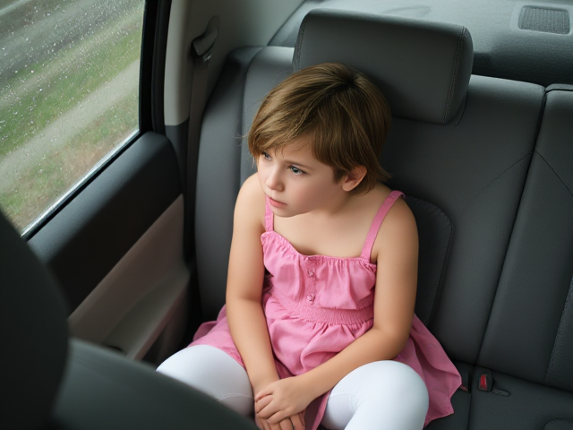 a tween boy sitting in the back seat looking bored on a rainy day, he is wearing a pink sundress, looking out the window. white leggings.