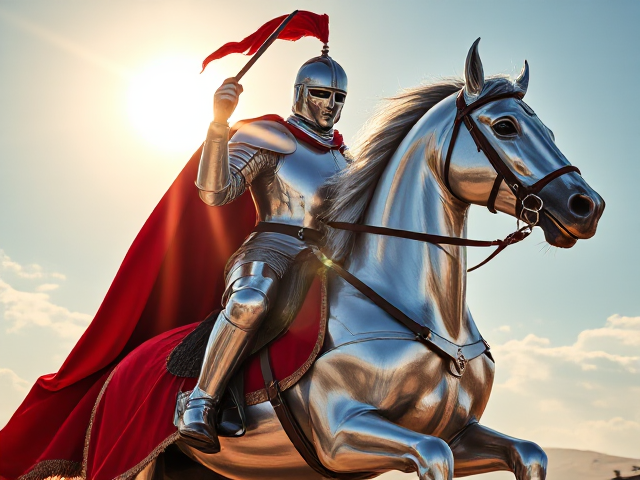 Patriotic epic English knight riding a silver armored stallion with over exaggerated mussels.