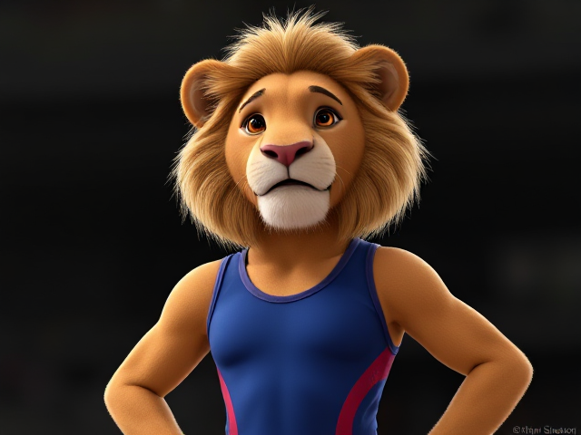 A anthropomorphic lion Olympic gymnast wearing a leotard
