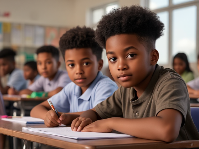 Des élèves afro américains âgés de huit ans assis dans une salle de classe lumineuse, concentrés sur un devoir, avec des bureaux et du matériel scolaire visible autour d'eux, lumière naturelle entrant par les fenêtres